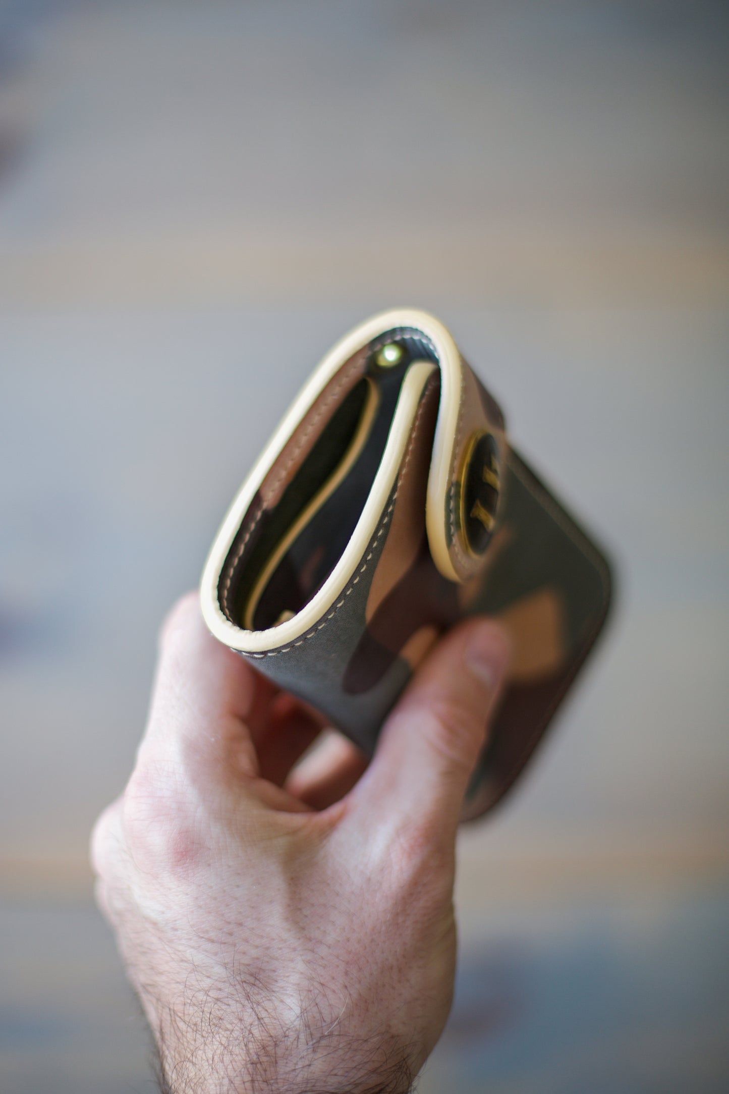 CONCHO WALLET (natural ghost camo veg tan leather) with imperfections.