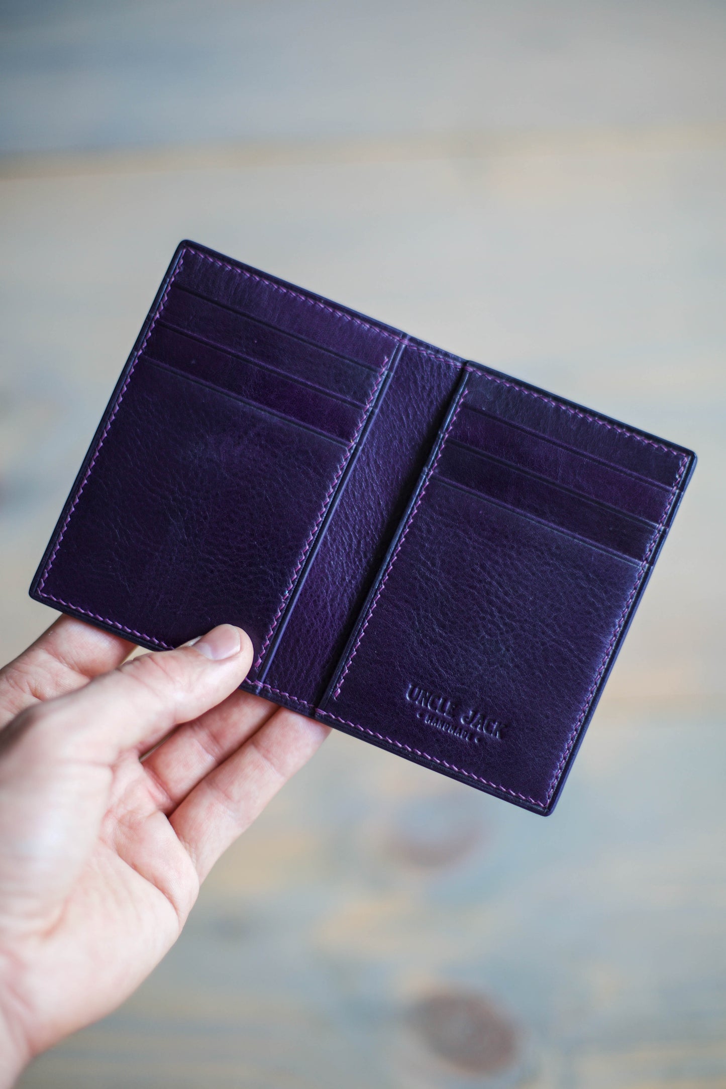 6 SLOT BIFOLD (purple veg tan/ magenta lizard leather)