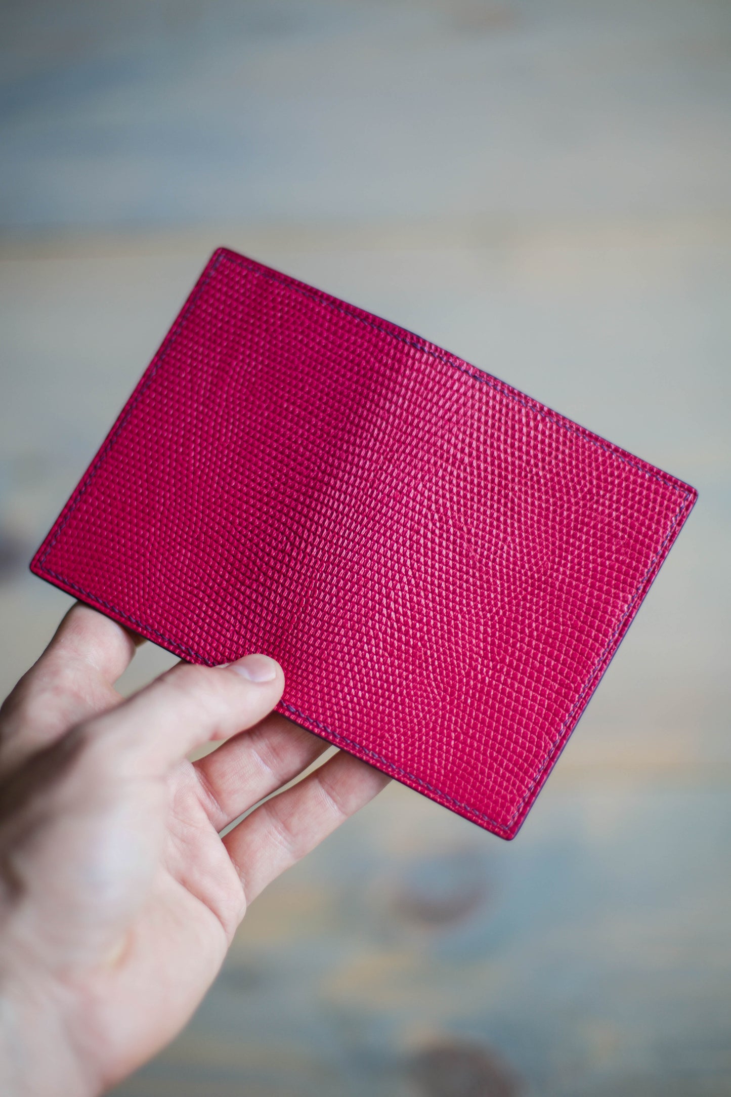 6 SLOT BIFOLD (purple veg tan/ magenta lizard leather)