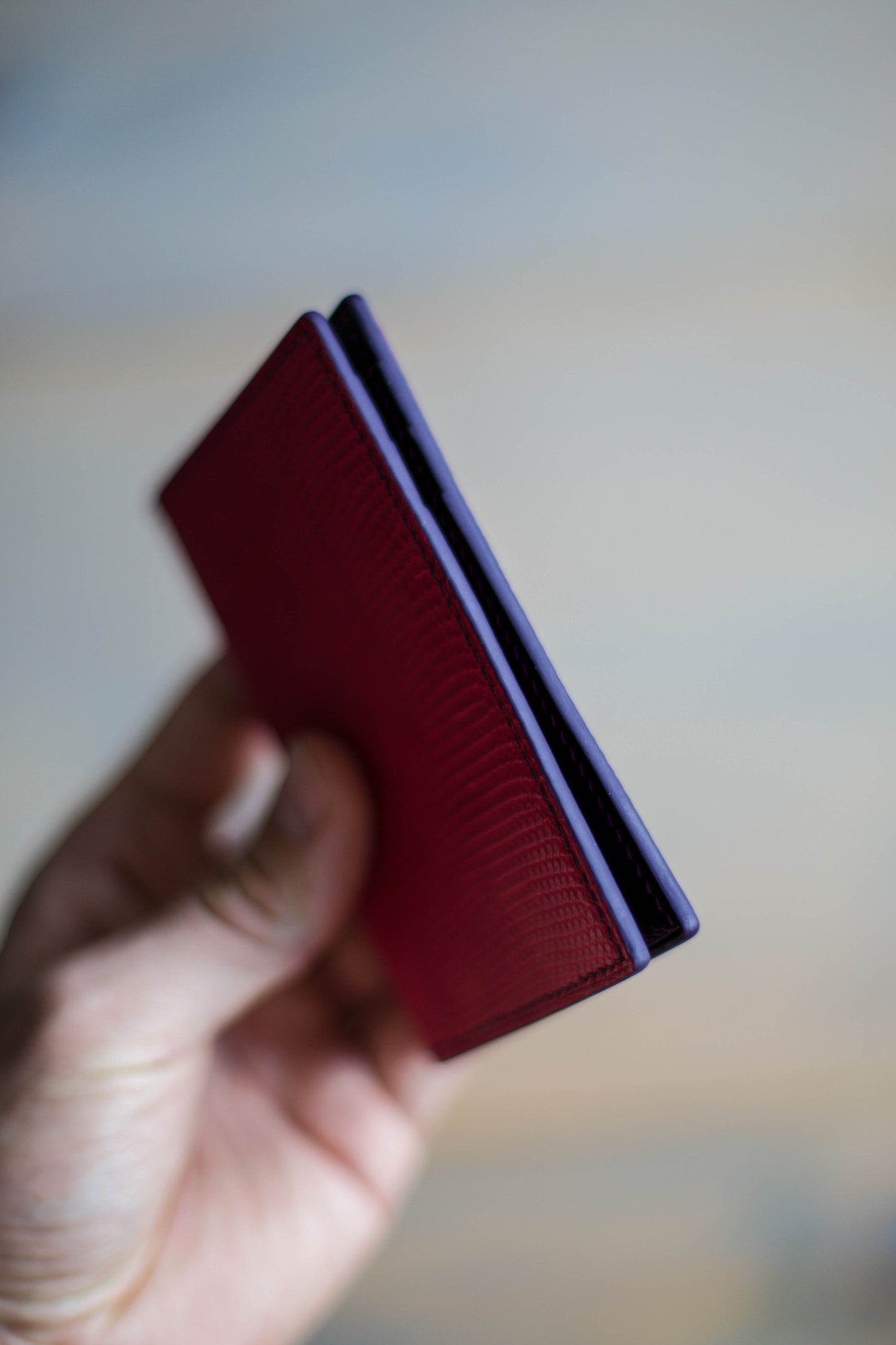 6 SLOT BIFOLD (purple veg tan/ magenta lizard leather)