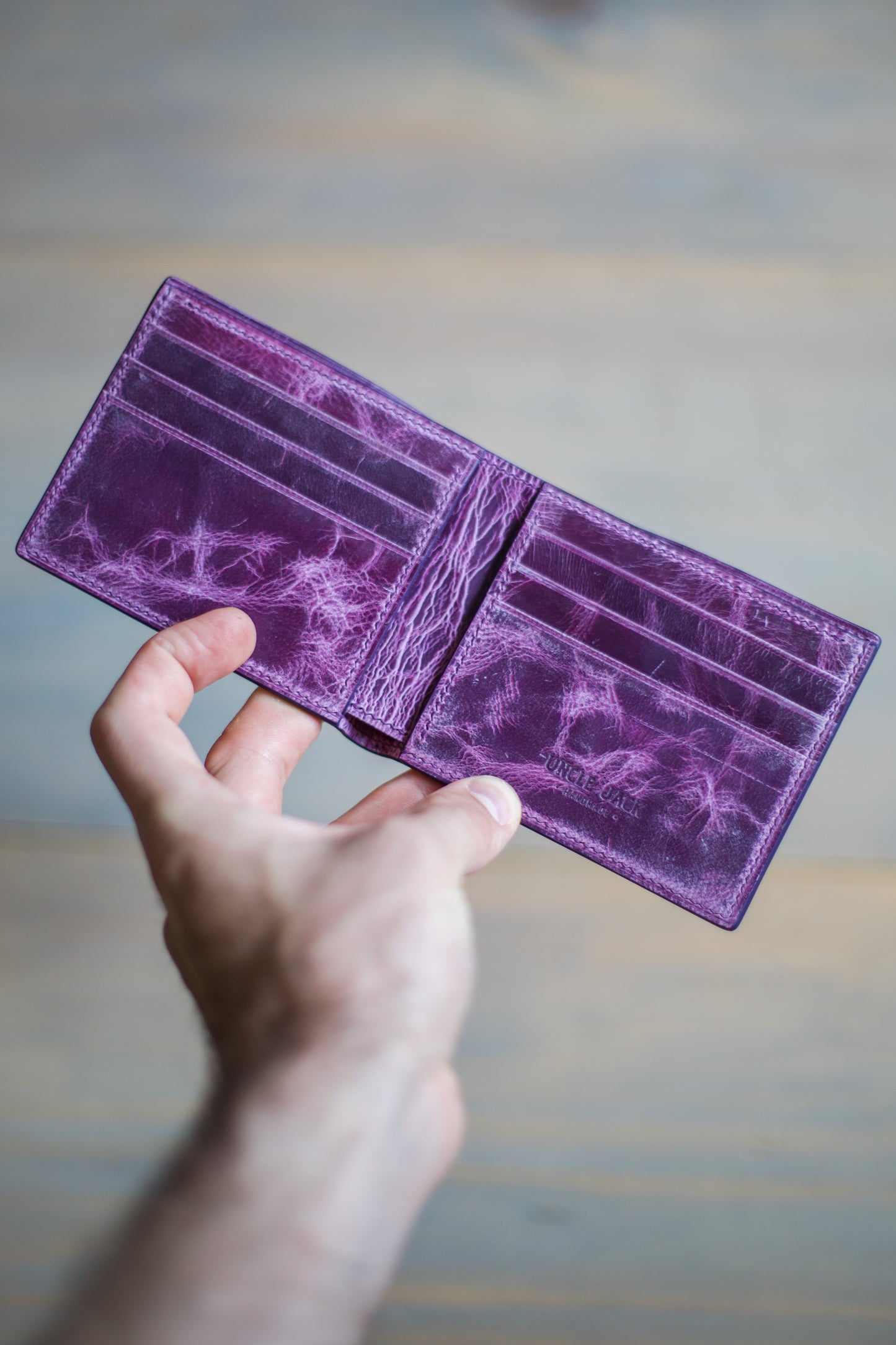 6 SLOT BIFOLD (purple Mad Dog leather)