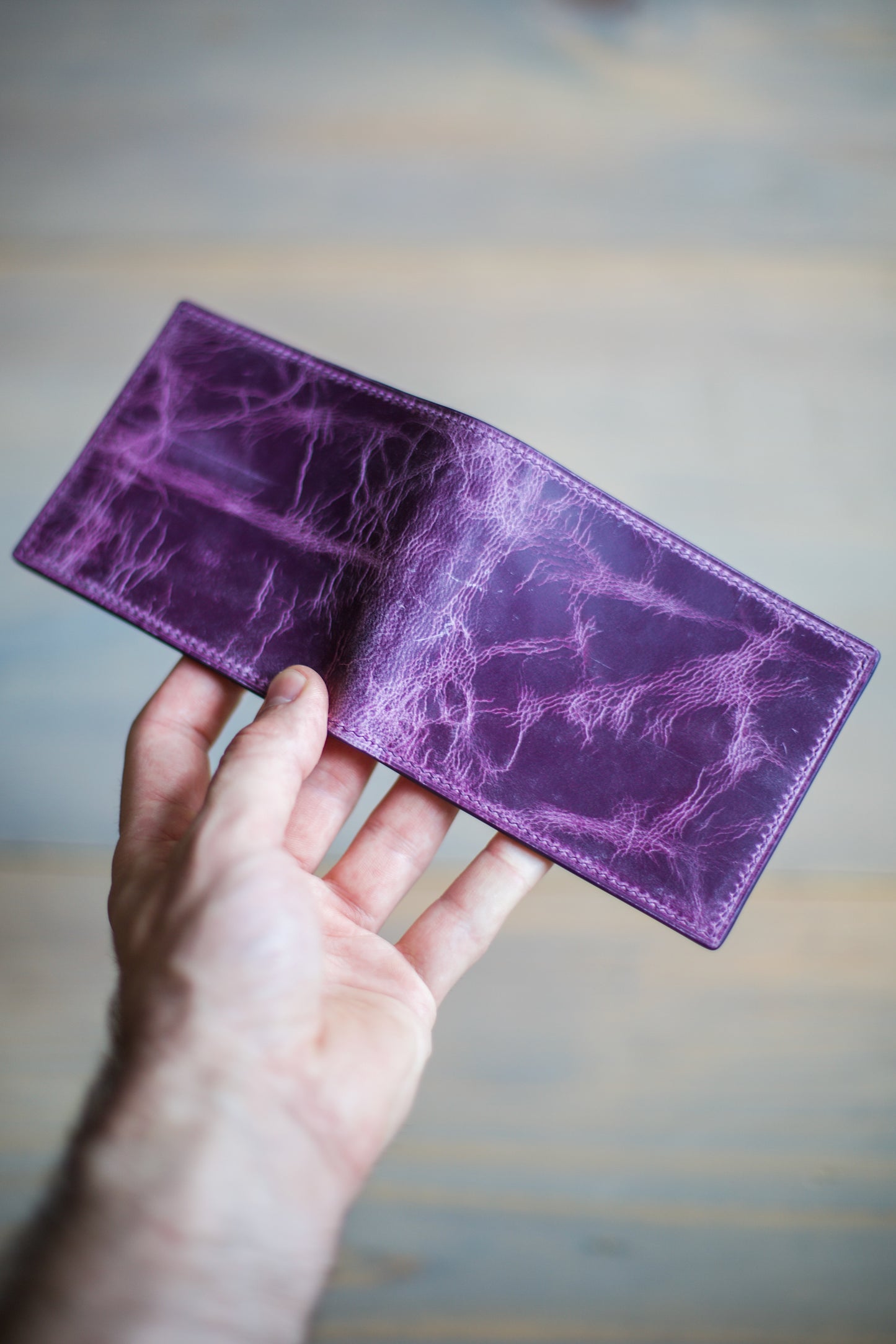 6 SLOT BIFOLD (purple Mad Dog leather)