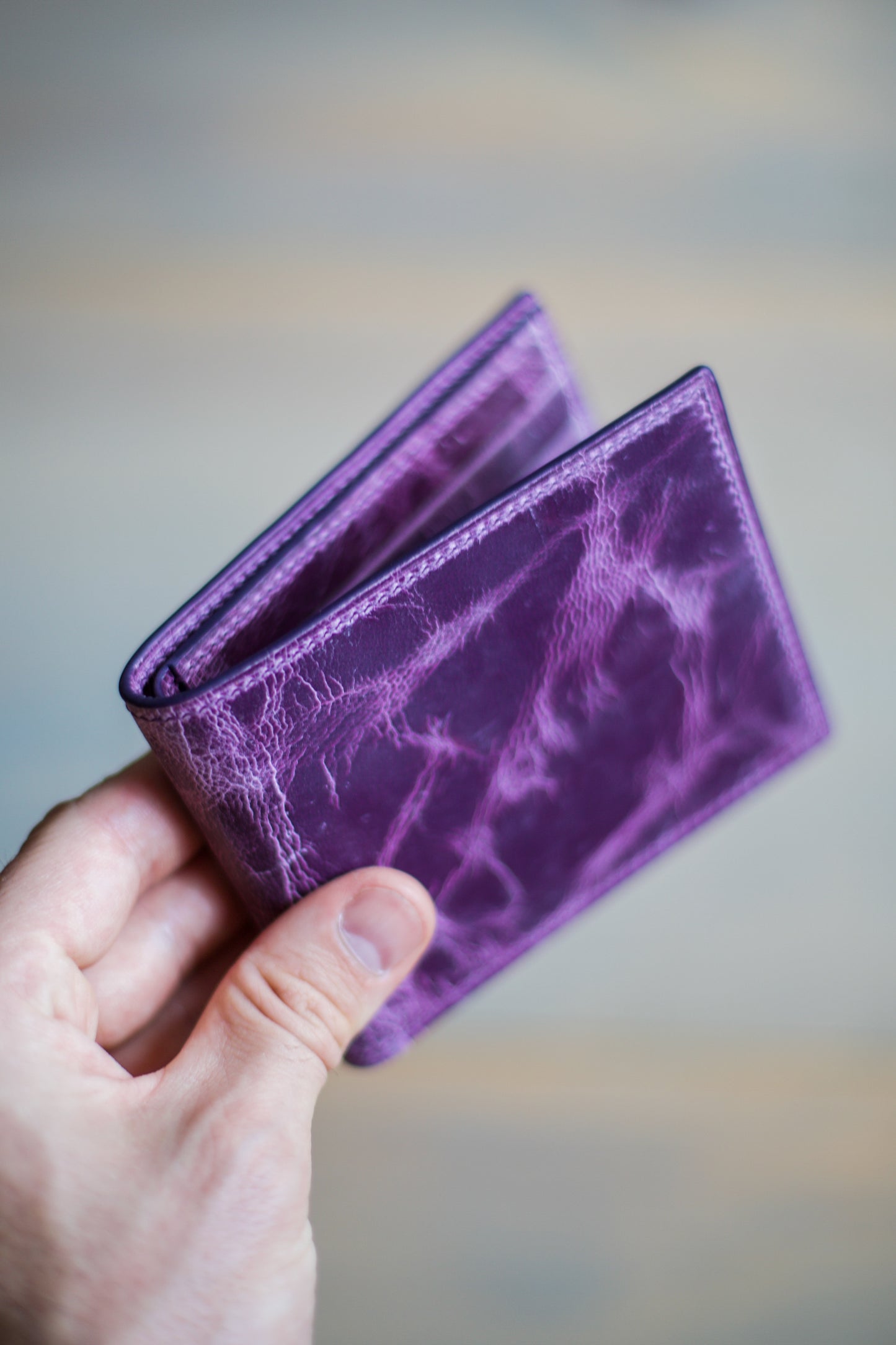 6 SLOT BIFOLD (purple Mad Dog leather)