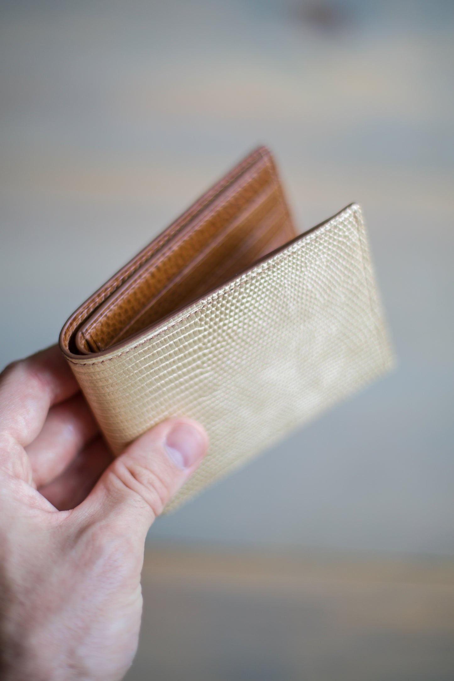 6 SLOT BIFOLD (brown Dollaro/ light gold lizard leather)