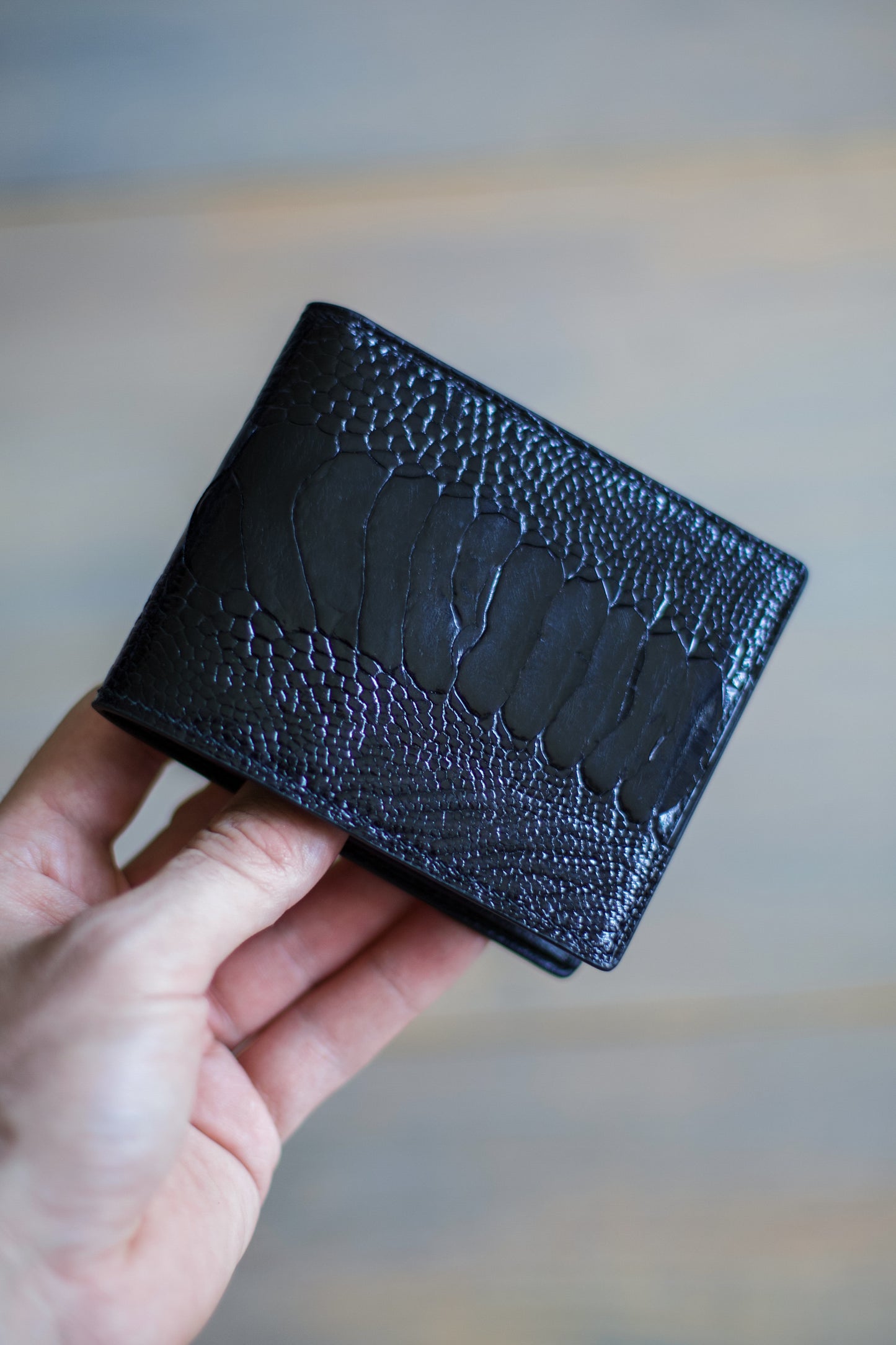 6 SLOT BIFOLD (black goat/ black ostrich leg leather)