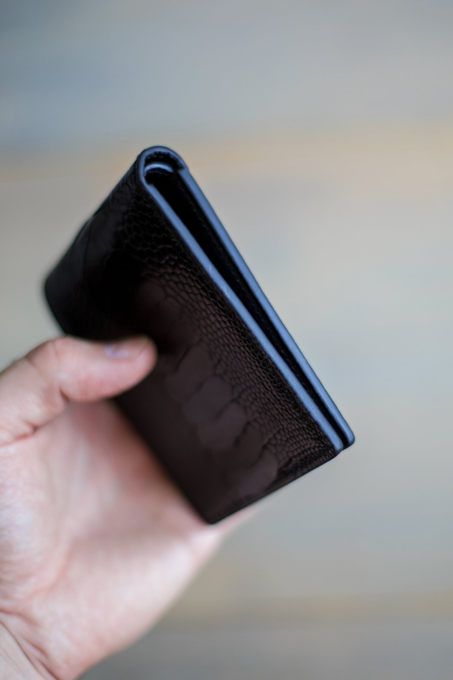 6 SLOT BIFOLD (black goat/ black ostrich leg leather)