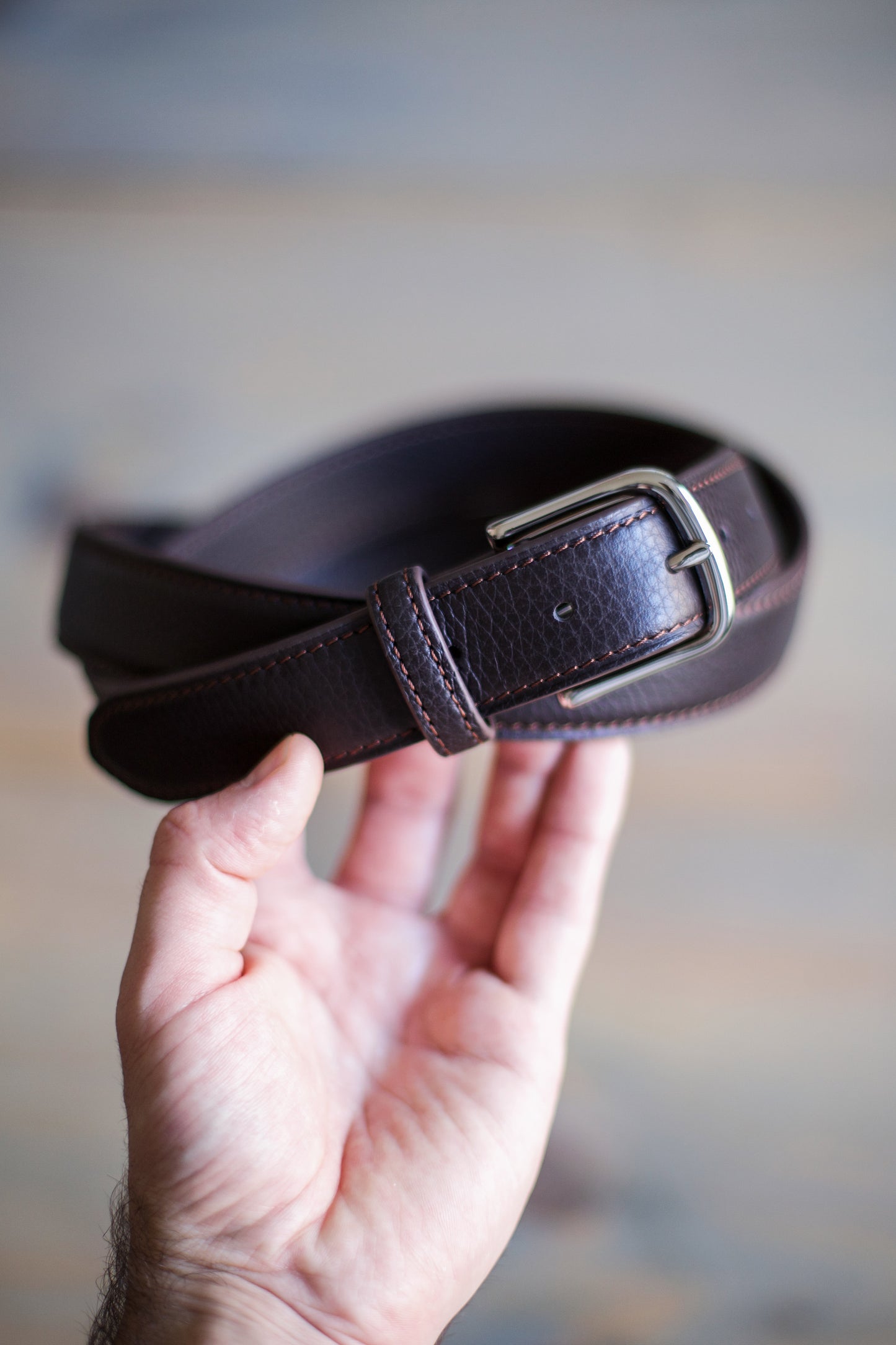 UNISEX BELT WITH SILVER BUCKLE (dark brown pebbled leather)