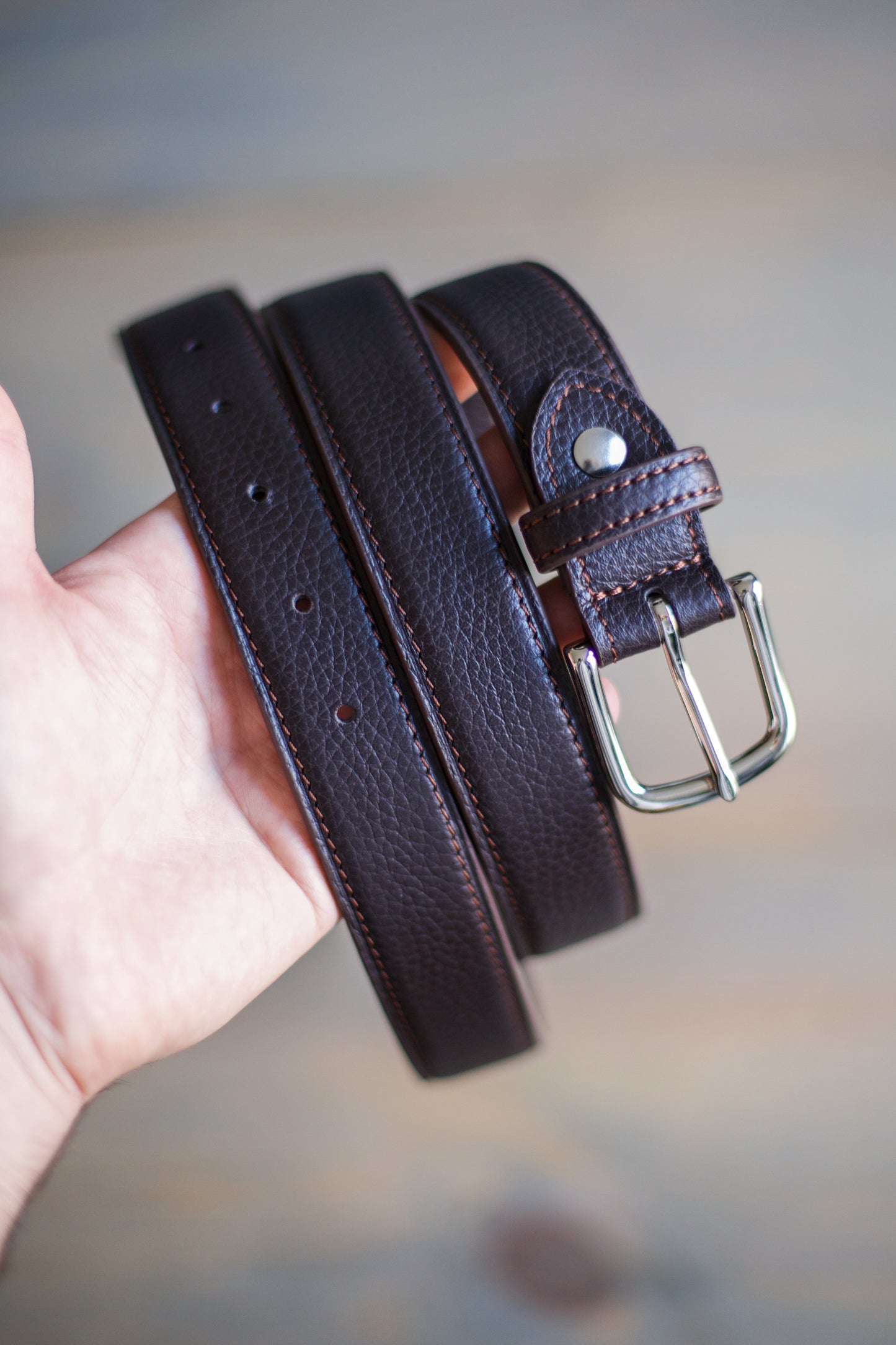 UNISEX BELT WITH SILVER BUCKLE (dark brown pebbled leather)