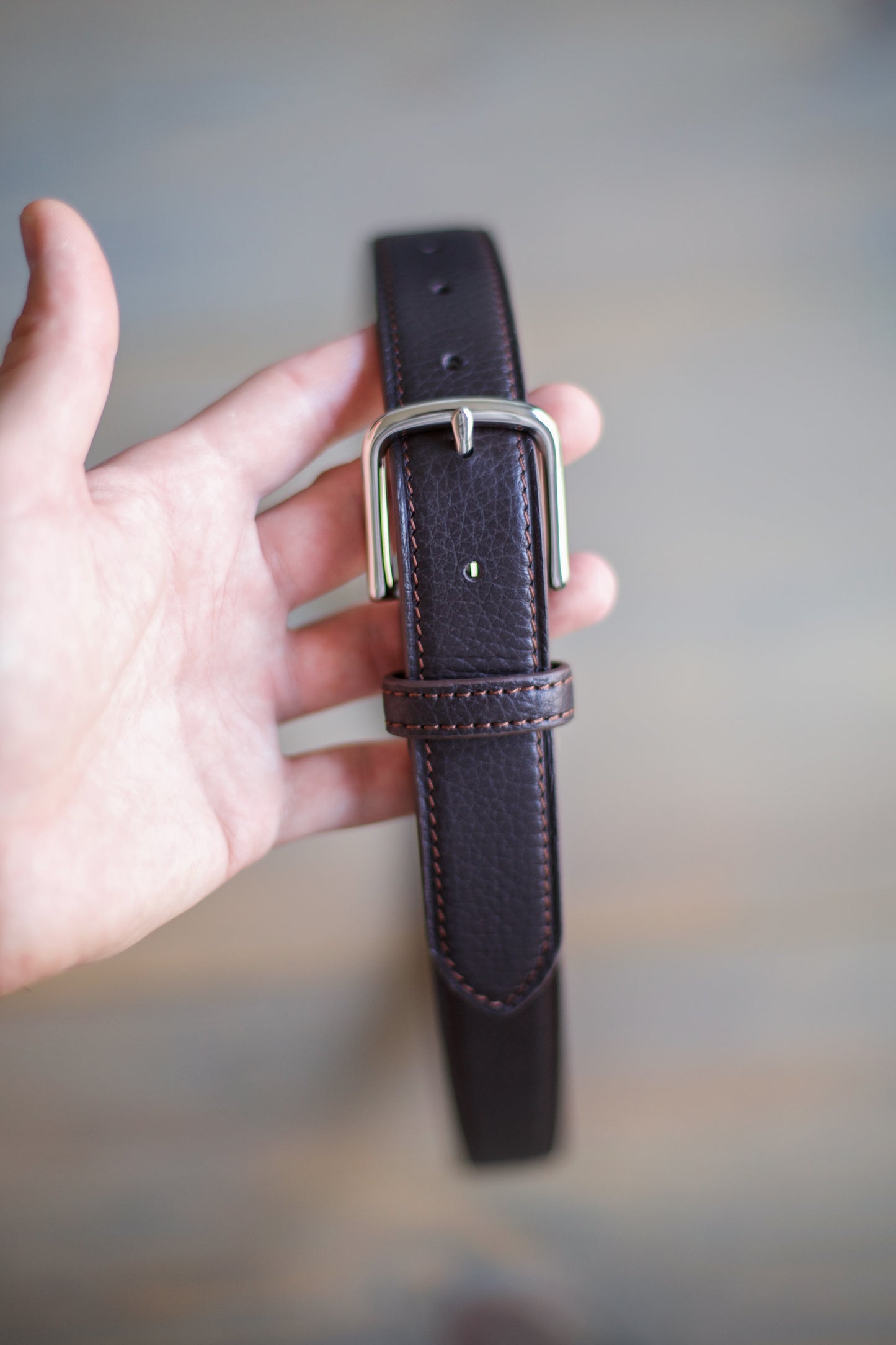 UNISEX BELT WITH SILVER BUCKLE (dark brown pebbled leather)